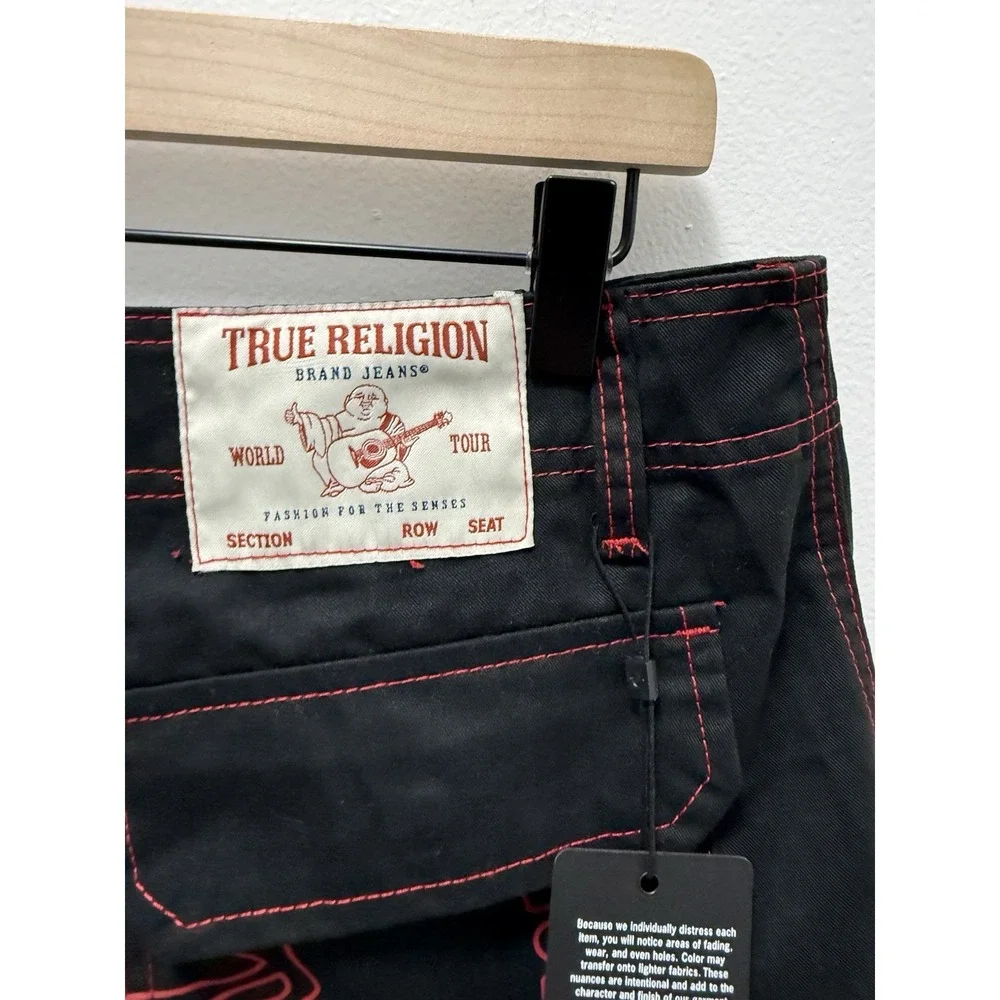 True Religion Mens 32 Black Cargo Pants Red Stitch Wide Leg Y2K Streetwear NWT